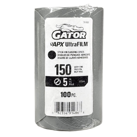 Gator Finishing 5 in. Premium Hook and Loop Sanding Disc, 150 Grit, 100PK 391486