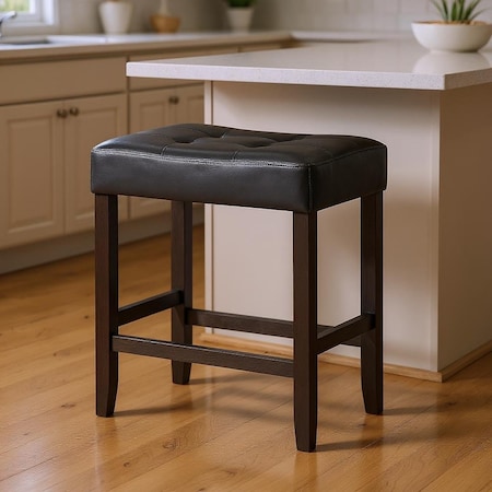 Homeroots Set of Two 26" Black Faux Leather and Solid Wood Backless Counter Height Bar Chairs 632422