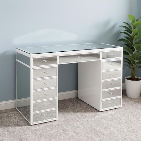 Homeroots 51" White Wood Mirrored Glass And Clear Glass Thirteen Drawer Vanity Table 632735