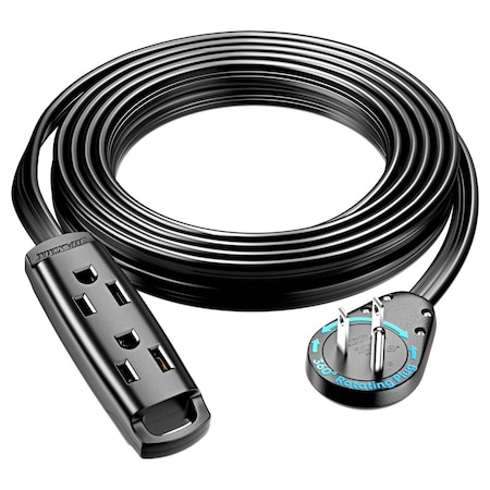 Maximm 15ft 14AWG 3-Outlet 360 degrees Flat Plug Extension Cord w/ Loop, UL, Black ADW-S360-C1F15-14B0