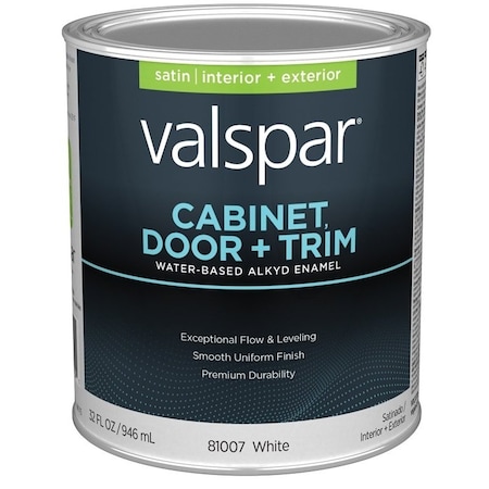 Valspar 8100 Cabinet, Door and Trim Paint Enamel, Water Base, Satin Sheen, White Base, 1 qt 028.0081007.005