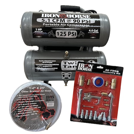 Iron Horse 4Gal Twin Stack Compressor , Air Hose, Accessories IHTS104L-AK