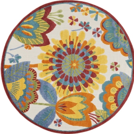 Homeroots 5' Ivory Blue Orange Red And Yellow Round Floral Indoor Outdoor Area Rug 546843