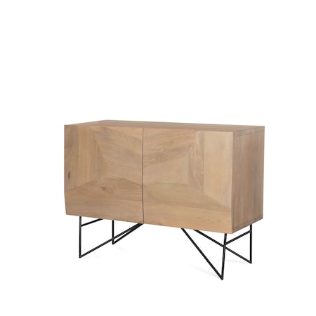 Homeroots 44in Natural and Black Solid Wood and Metal Carved Geometric Accent Cabinet With Two Doors 611066