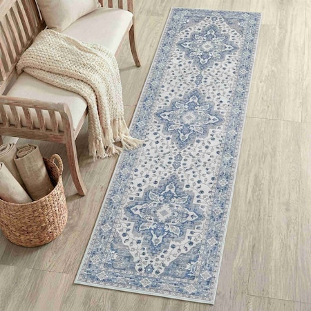 Jonathan Y Superbia Boho Medallion Border Non-Slip Machine-Washable Blue/Gray 2 ft. x 8 ft. Runner Rug WSH502E-28