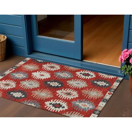 Homeroots 3' X 5' Red Ivory And Salmon Southwestern Washable Indoor Outdoor Area Rug 615164