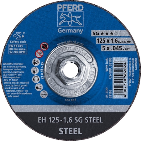 Pferd PFERD Cut-Off Wheel, 5in x .045 x 5/8-11, SG STEEL, T27, Aluminum oxide, 10PK 63183