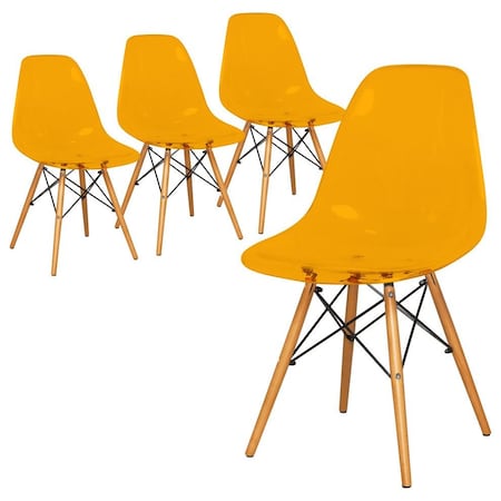 Leisuremod Dover Plastic Dining Side Chair with Wooden Legs, Transparent Orange, 4PK EP19TOR4