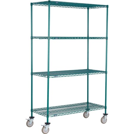 Global Industrial Nexel 4 Shelf Truck, Poly-Green, 36"W x 14"D x 60"H, Polyurethane Swivel Casters, 2 Brakes B3157660