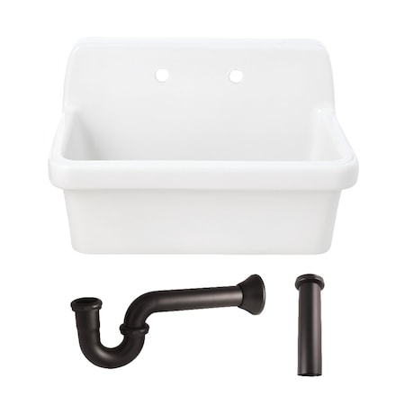 Kingston Brass 30" Ceramic Single Bowl Wall Mount Kitchen Sink with Strainer, White/Oil Rubbed Bronze KGPKWS3019185