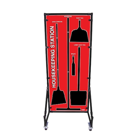 5S Supplies Housekeeping Shadow Board Broom Station V14, Red, Kit + Stand HSB-V14-RED-KIT-STAND