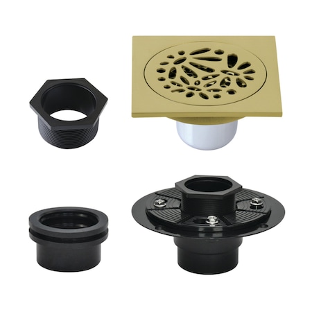 Kingston Brass 4" Brass Square Grid Shower Drain with Hair Strainer and Base Flange, Brushed Brass BSFK6360BB