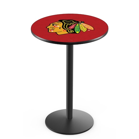 Holland Bar Stool Co 36" Blk Wrinkle Chicago Blackhawks Pub Table, 36" dia. Top L214B3636ChiHwk-R