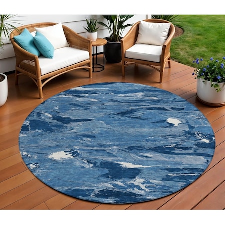 Homeroots 8' Navy Blue And Blue Round Abstract Washable Indoor Outdoor Area Rug 609258