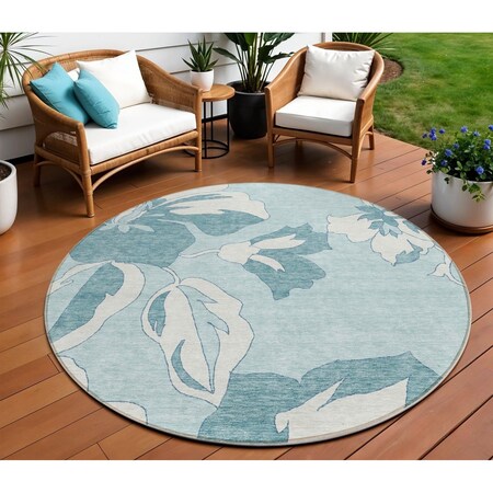 Homeroots 8' Teal Blue Aqua And Ivory Round Floral Washable Indoor Outdoor Area Rug 589574