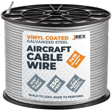 Jrex Safety 7x19 Vinyl Coated Galvanized Steel Aircraft Cable Wire - 3/16" to 1/4" x 250' Reel GCV316-JR-14-250FT