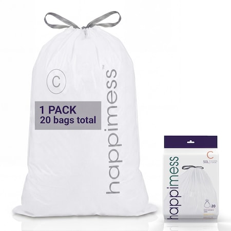 Happimess 13.2-Gallon 50L Drawstring Unscented Trash Can Liner, White, 20-Count, 1 Pack of 20 Liners HPM3000C-W-1SET
