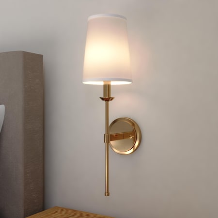 Vaxcel Camden 1 Light Gold Natural Brass Wall Sconce Fixture White Linen Fabric Shade, LED Compatible W0448