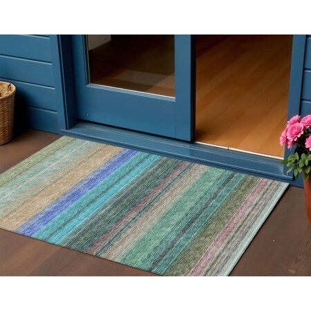 Homeroots 3' X 5' Sage Teal Blue And Tan Striped Washable Indoor Outdoor Area Rug 614827