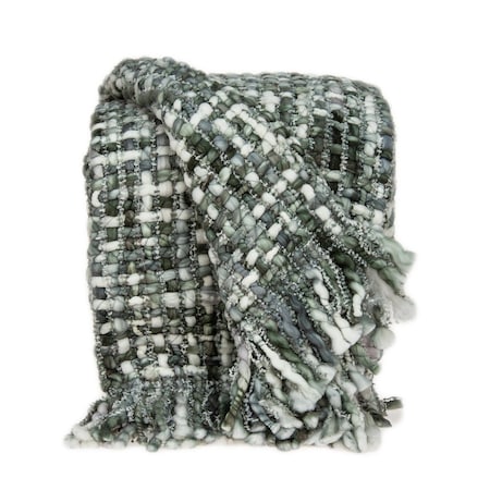 Homeroots Green and White Knitted Cotton Blend Abstract Throw Blanket with Fringe 476229