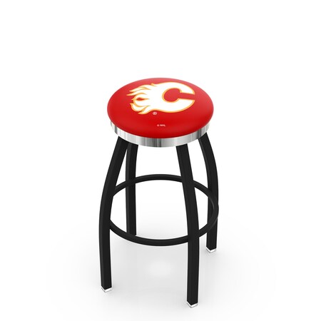 Holland Bar Stool Co 30" Blk Wrinkle Calgary Flames Swivel Bar Stool, Chrome Ring L8B2C30CalFla
