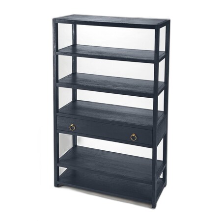 Homeroots 70" Navy Blue Five Tier Standard Bookcase With One Drawer 389578