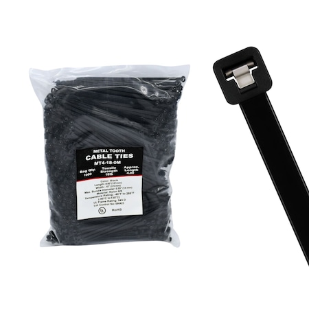 Cable Ties Unlimited Metal Tooth Cable Tie, 4 in L, 18 lb Strength, 1 in Max Bundle Dia, Nylon, UV-Rated, Black, 1000PK MT4-18-0M