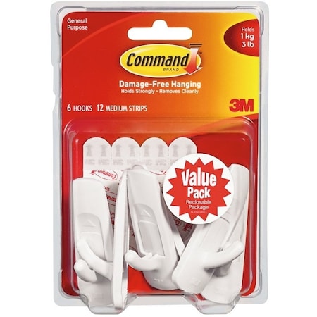 Command Utility Hook, 78 in Opening, 3 lb, 6Hook, Plastic, White 17001-VP-6PK