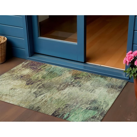 Homeroots 3' X 5' Beige Green And Artichoke Green Abstract Washable Indoor Outdoor Area Rug 577613