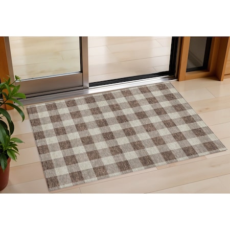 Homeroots 3' X 5' Brown And Beige Plaid Washable Indoor Outdoor Area Rug 595379