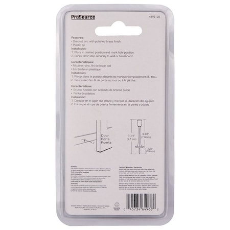 Prosource Heavy-Duty Rigid Door Stop, 15/16 in Dia Base, 3-1/8 in Projection, Die-Cast Zinc & Plastic H20-Z020C-PS