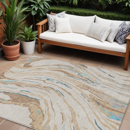 Homeroots 9' X 12' Beige Teal Blue And Ivory Abstract Washable Indoor Outdoor Area Rug 600208