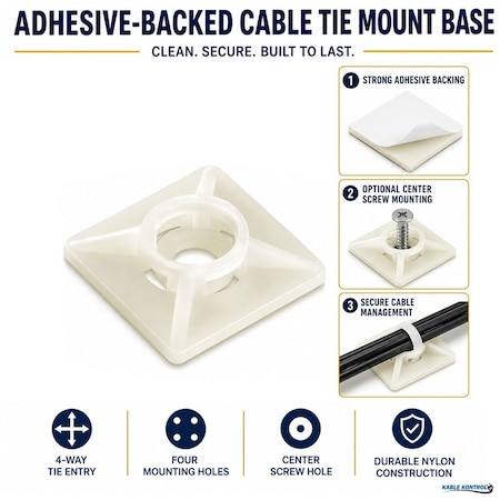 Kable Kontrol Adhesive Cable Tie Mounts, 3/4" Sq, Natural Nylon, PK100 CT283