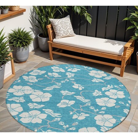 Homeroots 8' Turquoise Ivory And Gray Round Floral Washable Indoor Outdoor Area Rug 599930