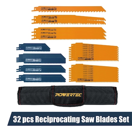 Powertec 32 pcs Reciprocating Saw Blades Set, Metal & Woodcutting Sawzall Blades Assortment & Organizer Pouch 14401