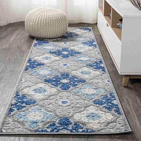 Jonathan Y Cassis Ornate Ogee Trellis High-Low Light Gray/Blue 2 ft. x 10 ft. Indoor/Outdoor Runner Rug AMC105B-210