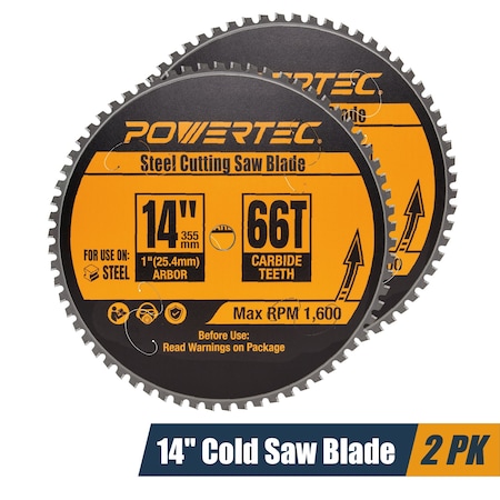 Powertec 14in Cold Saw Blade, 1in Arbor, 66T TCG Cemented Carbide Teeth - 1600 Max RPM, 2PK 14014-P2