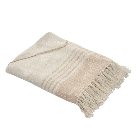 Homeroots 60" X 50" Beige Woven Cotton Striped Throw Blanket with Fringe 516483