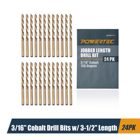 Powertec 3/16" Cobalt Drill Bits 3-1/2" Length, M35 HSS Jobber Length Twist Bits with 135 Deg Tip, 24PK QDB2015-P2