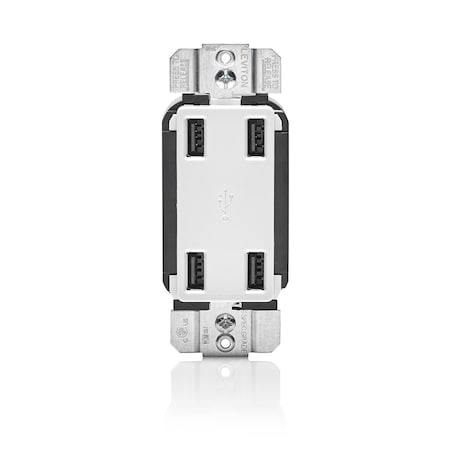 Leviton 4-Port USB Charging Receptacle, 4.2 Amp, 125 Volt, 25 Watt, White USB4P-W