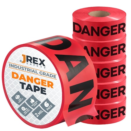Jrex Safety Danger Tape Roll - 1000 Ft x 3 Inch Wide Each - Red, 6PK PDT-JR-6PK