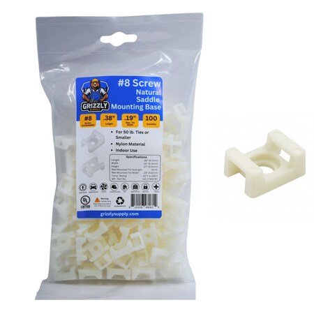 Grizzly Supply Cable Tie Saddle Mount, Mounting Base, No. 8 Screw, Nylon 6/6, Natural, 100PK GS-CTM8-9C