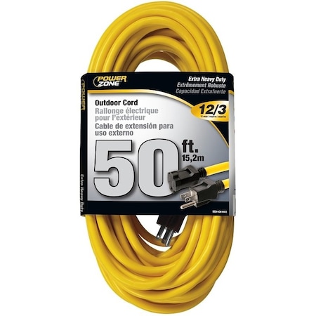 Powerzone SJTW Extension Cord, 12 AWG, Outdoor, 12/3, 1 Outlets, Yellow, 50 ft OR500830