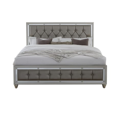 Homeroots Silver Champagne Tone King Bed Padded Headboard Padded Footboard Mirror Trim Accents 383837
