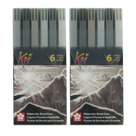 Sakura Koi Watercolor Brush Pens, Assorted Grays, 6-Piece Set, 2PK XBR-6SA