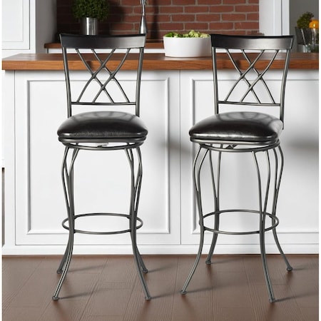 Homeroots Set of Two 24" Black Faux Leather and Iron Counter Height Swivel Bar Chairs 610392