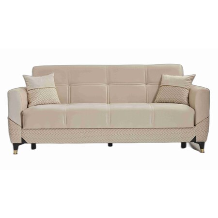Homeroots 81" Beige Microfiber Sleeper Sofa And Toss Pillows With Brown Legs 607198