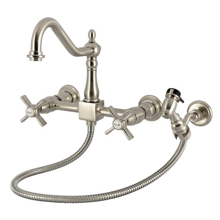 Kingston Brass Two-Handle Wall Mount Bridge Kitchen Faucet with Brass Sprayer, Brushed Nickel KS1248ZXBS