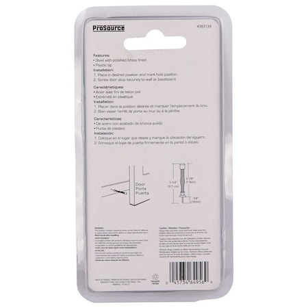 Prosource Light-Duty Door Stop, 3/4 in Dia Base, 3 in Projection, Plastic & Steel, Polished Brass H61-Z010C-PS