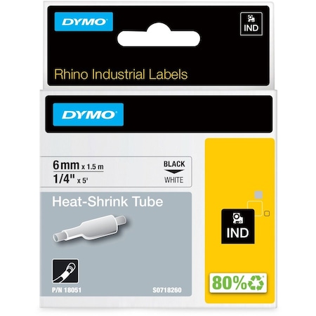 Dymo Rhino Continuous Label Roll Cartridge, Single Side, Polyolefin, 1/4 in x 5 ft, Black on White, Gloss 18051